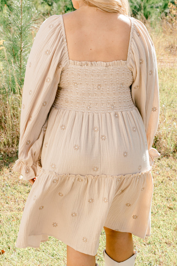 Chic Soul plus size clothing, tan long puff sleeve short dress with embroidered tan floral pattern and stretchy bodice