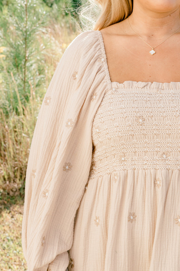 Chic Soul plus size clothing, tan long puff sleeve short dress with embroidered tan floral pattern and stretchy bodice