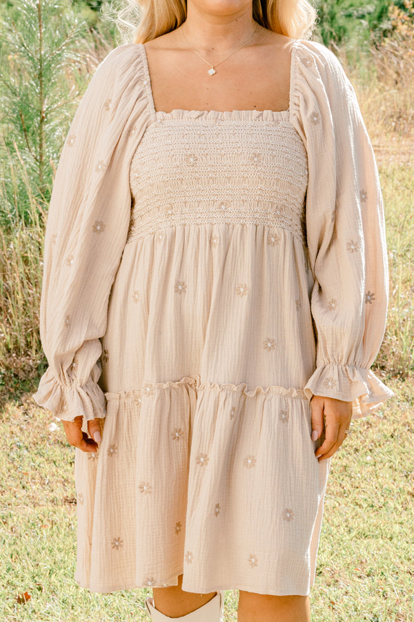 Chic Soul plus size clothing, tan long puff sleeve short dress with embroidered tan floral pattern and stretchy bodice