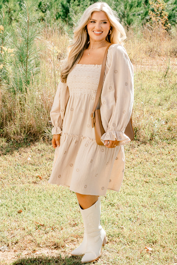 Chic Soul plus size clothing, tan long puff sleeve short dress with embroidered tan floral pattern and stretchy bodice