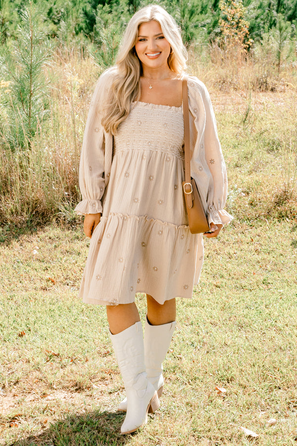 Chic Soul plus size clothing, tan long puff sleeve short dress with embroidered tan floral pattern and stretchy bodice