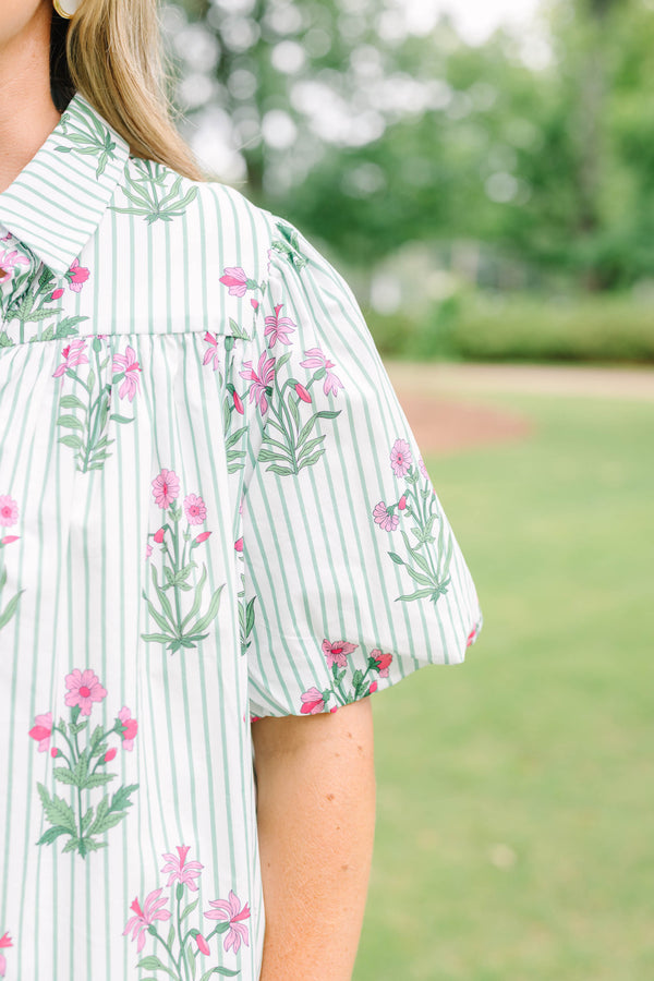 Plus Size mint green striped button-down top with pink floral print and short puff sleeves.