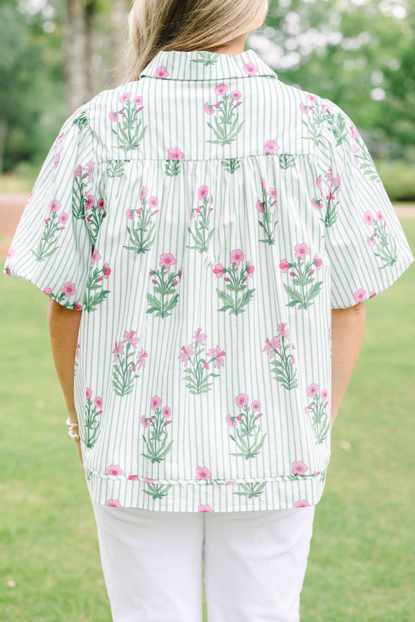 Plus Size mint green striped button-down top with pink floral print and short puff sleeves.