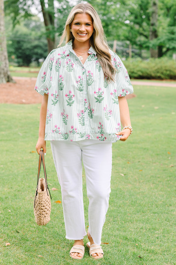 Plus Size mint green striped button-down top with pink floral print and short puff sleeves.