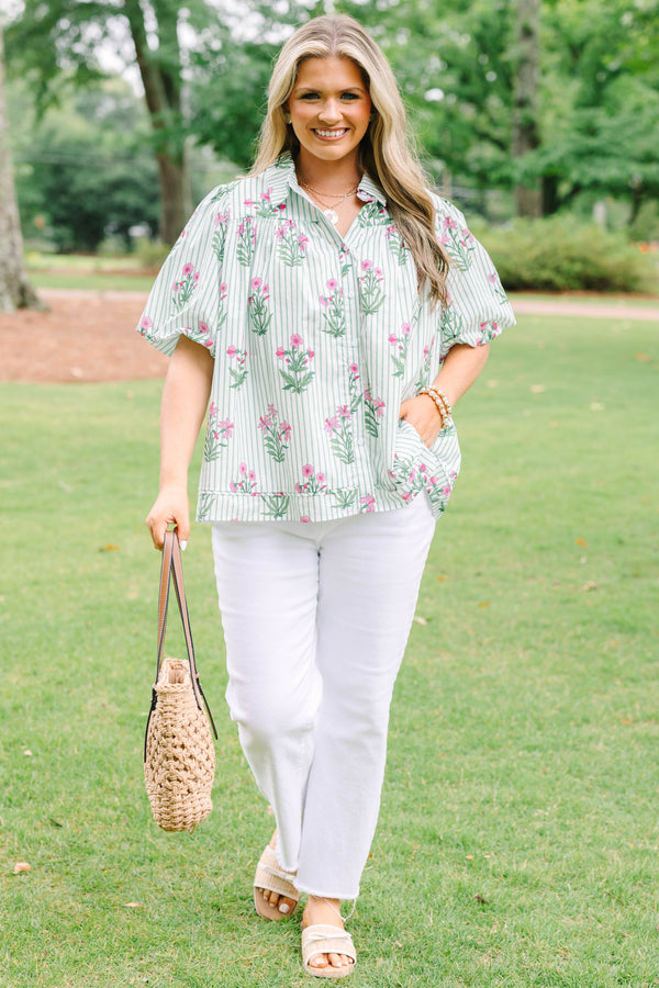 Plus Size mint green striped button-down top with pink floral print and short puff sleeves.