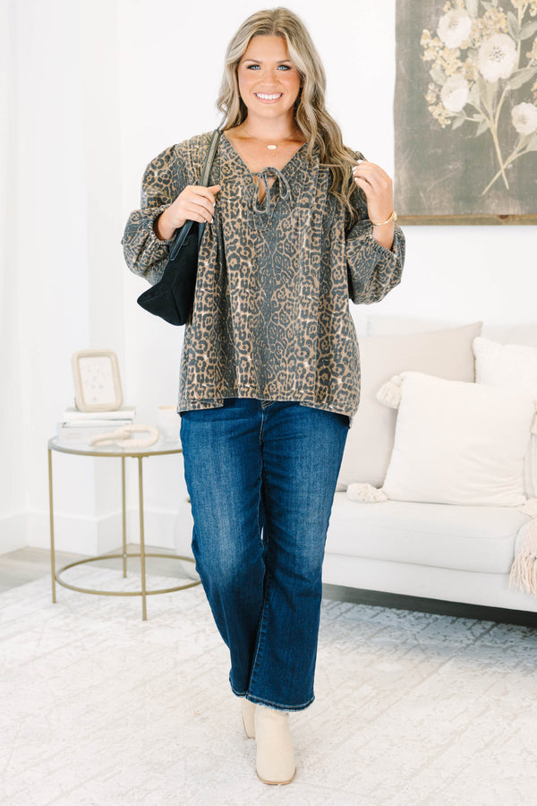 Plus Size leopard print cotton top with a tie-neck, long balloon sleeves, and a relaxed fit.