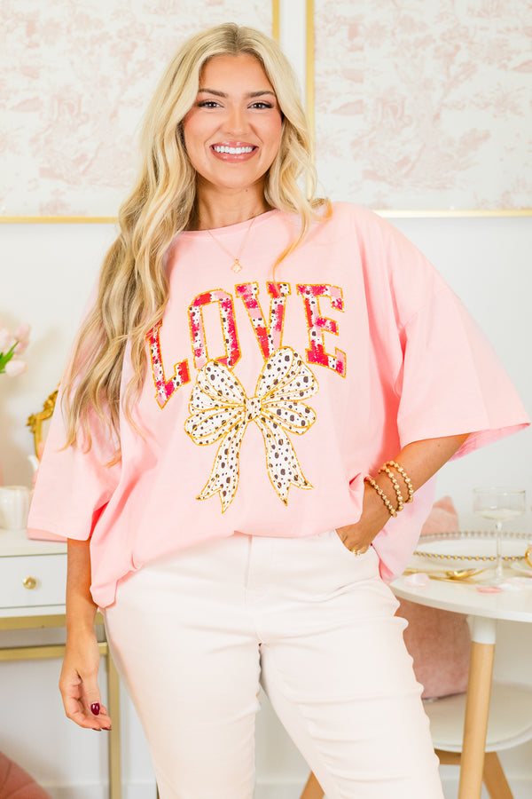 Chic Soul plus size clothing, dusty pink boyfriend tee with polka dotted 