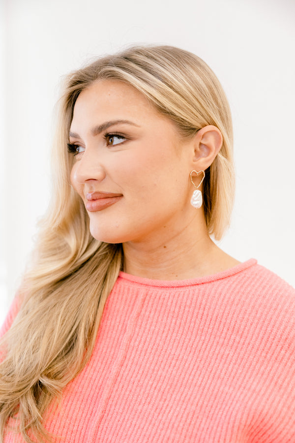 Chic Soul plus size clothing, gold dangle heart shaped earring with white stone 