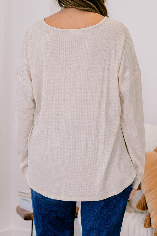 Chic Soul plus size clothing, light tan long sleeve button up ribbed top with buttons 1/4 down the way down the collar