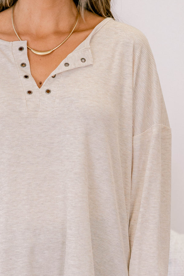 Chic Soul plus size clothing, light tan long sleeve button up ribbed top with buttons 1/4 down the way down the collar