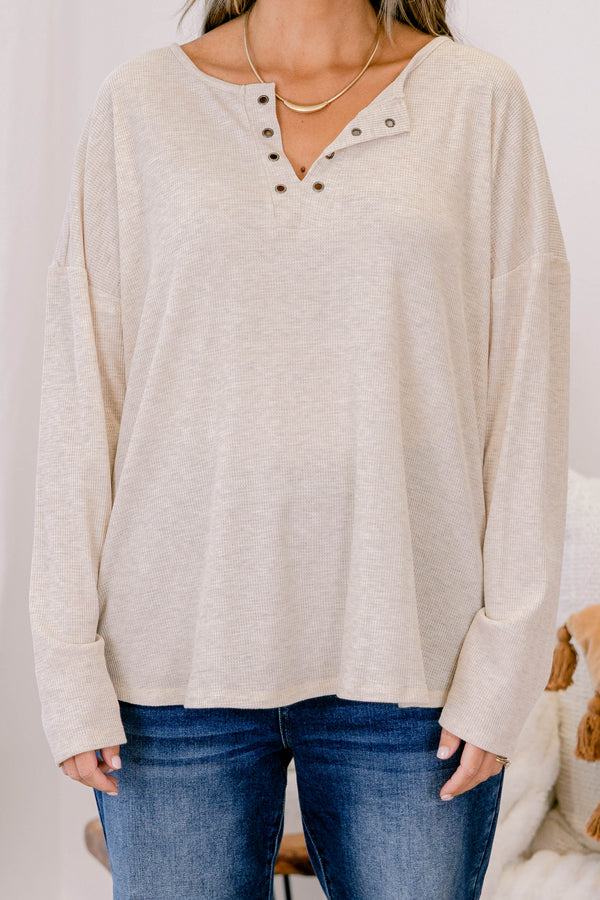 Chic Soul plus size clothing, light tan long sleeve button up ribbed top with buttons 1/4 down the way down the collar