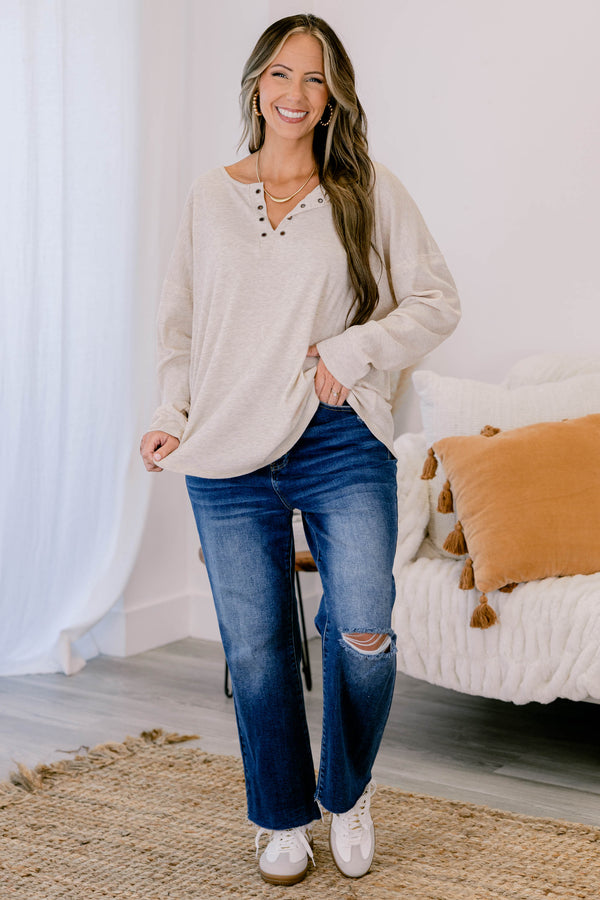 Chic Soul plus size clothing, light tan long sleeve button up ribbed top with buttons 1/4 down the way down the collar