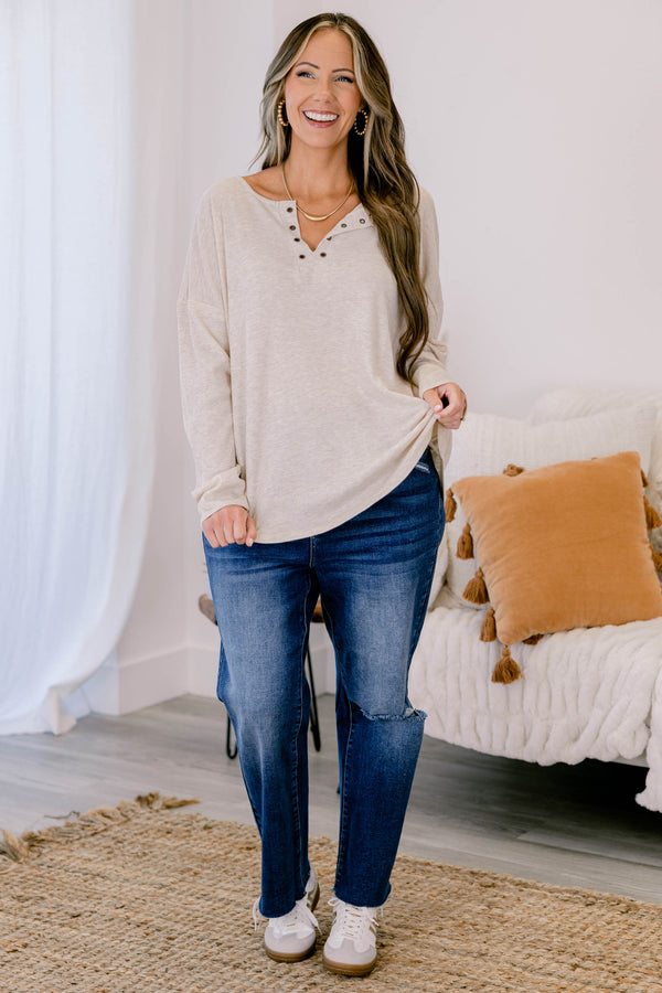 Chic Soul plus size clothing, light tan long sleeve button up ribbed top with buttons 1/4 down the way down the collar