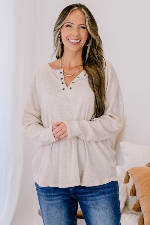 Chic Soul plus size clothing, light tan long sleeve button up ribbed top with buttons 1/4 down the way down the collar