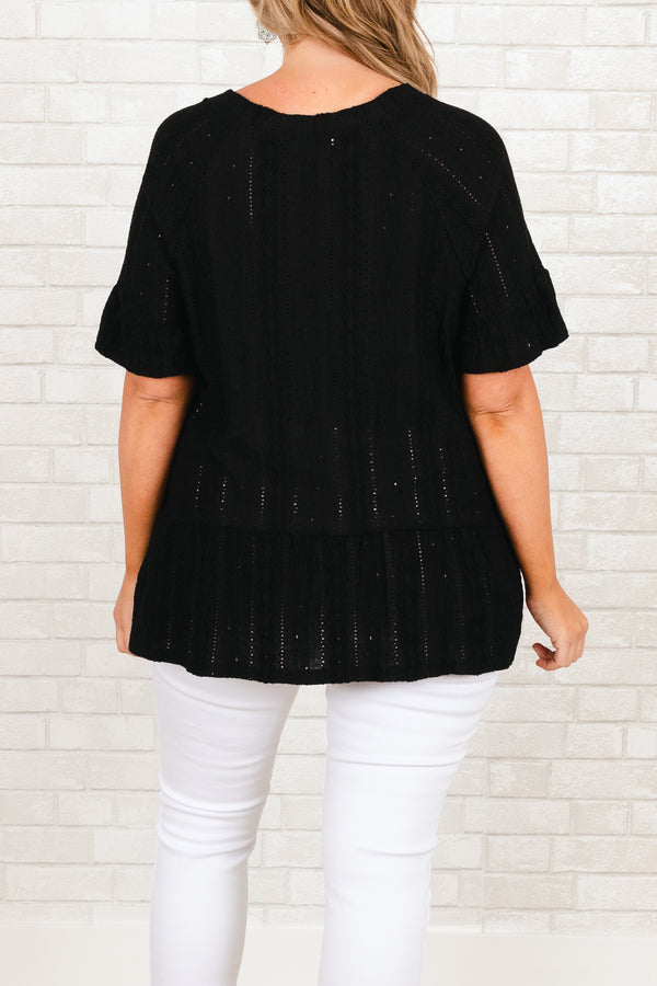Chic Soul plus size clothing, black knitted sheer top with ruffle on sleeves