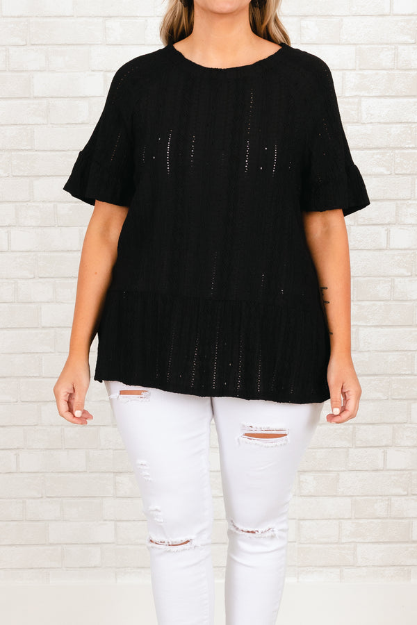 Chic Soul plus size clothing, black knitted sheer top with ruffle on sleeves