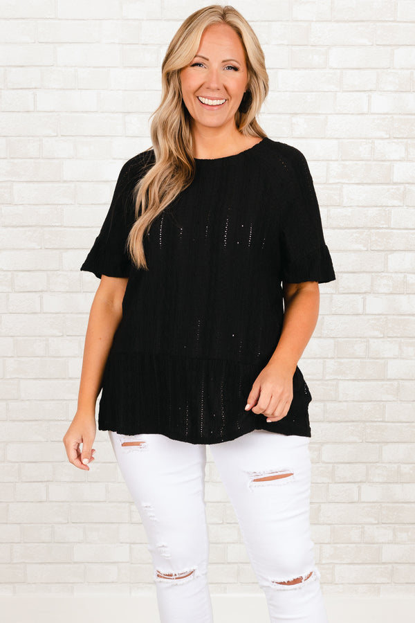 Chic Soul plus size clothing, black knitted sheer top with ruffle on sleeves