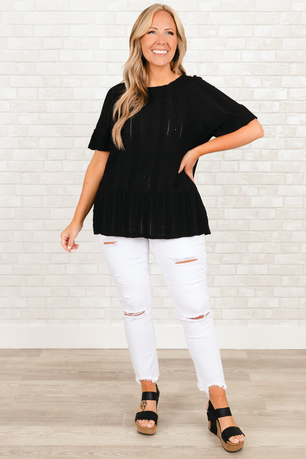 Chic Soul plus size clothing, black knitted sheer top with ruffle on sleeves