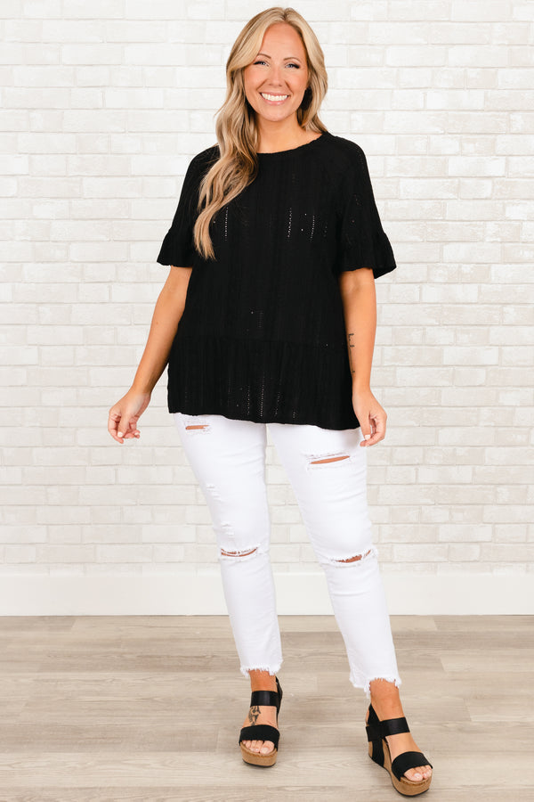 Chic Soul plus size clothing, black knitted sheer top with ruffle on sleeves