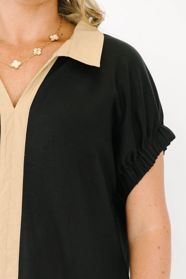 Plus Size black midi dress featuring a tan collar, V-neckline, and a vertical tan stripe detail.