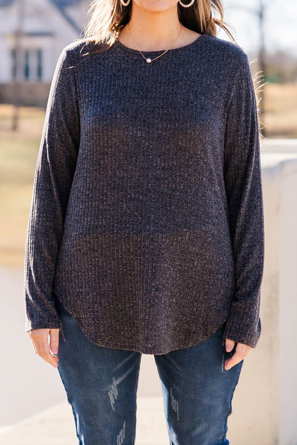 Chic Soul plus size clothing, charcoal waffle knit long sleeve top with button detail on the back