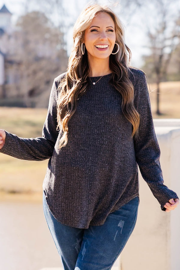Chic Soul plus size clothing, charcoal waffle knit long sleeve top with button detail on the back