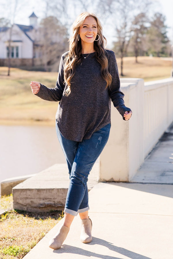 Chic Soul plus size clothing, charcoal waffle knit long sleeve top with button detail on the back