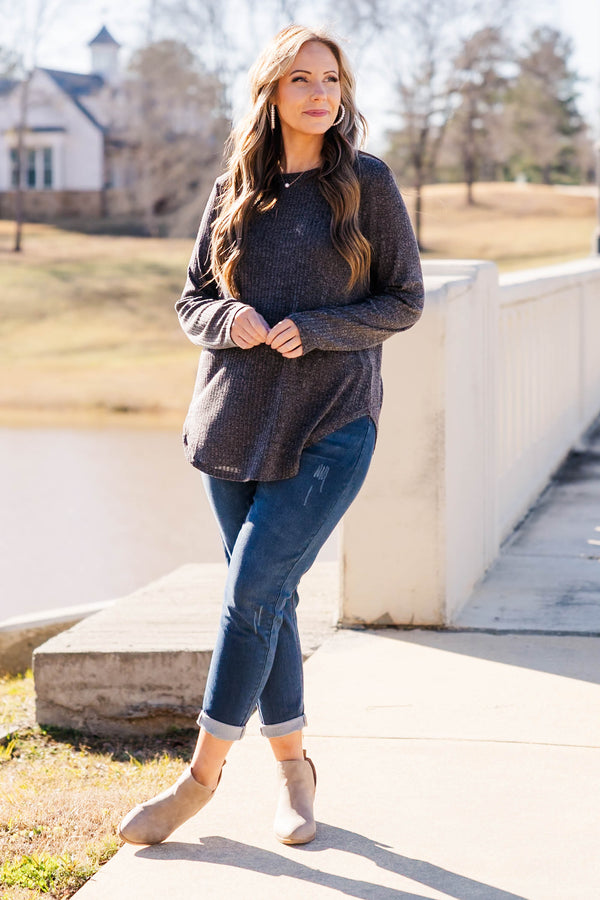 Chic Soul plus size clothing, charcoal waffle knit long sleeve top with button detail on the back