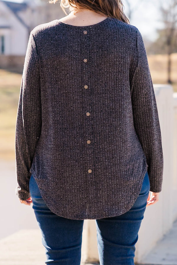 Chic Soul plus size clothing, charcoal waffle knit long sleeve top with button detail on the back