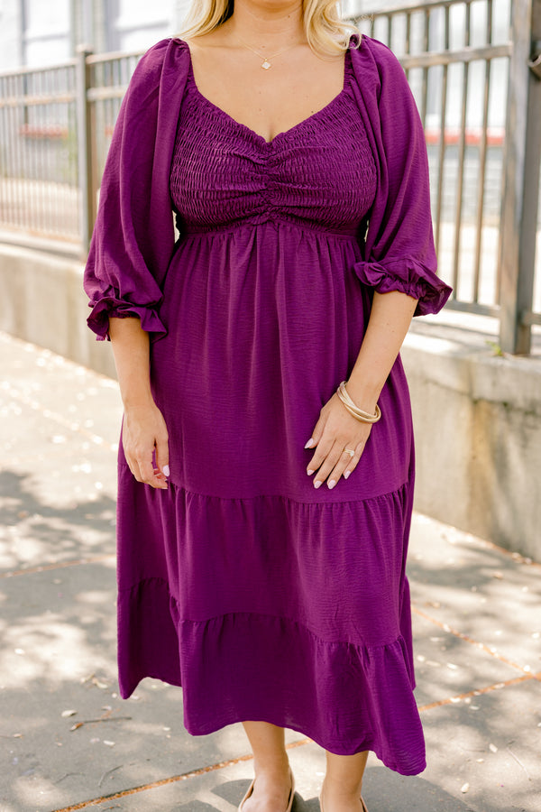 Chic Soul plus size clothing, dark purple long bubble sleeve tiered flowy maxi dress with gathering in the middle of the chest