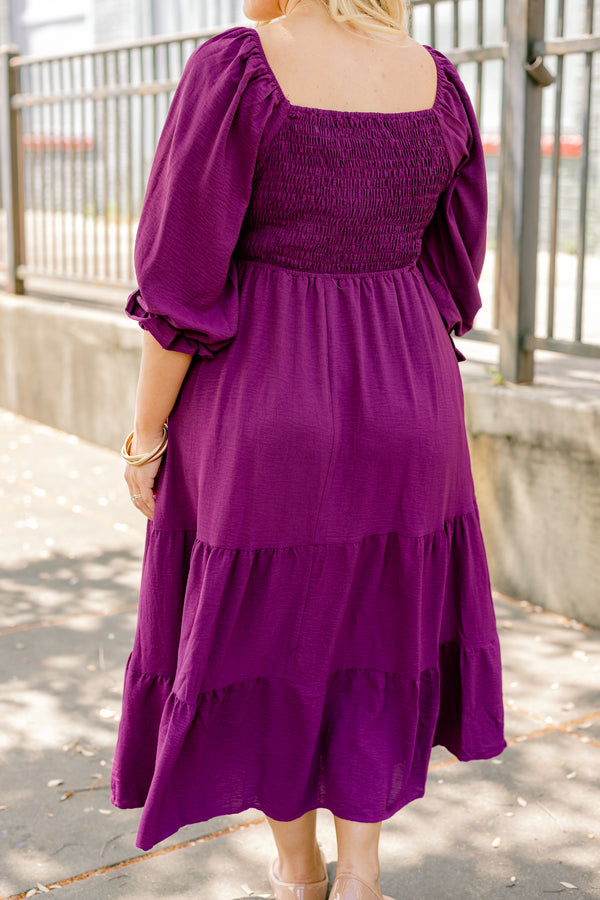 Chic Soul plus size clothing, dark purple long bubble sleeve tiered flowy maxi dress with gathering in the middle of the chest
