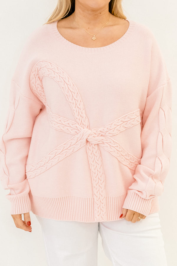 Chic Soul plus size clothing, long sleeve pink sweater with texttured bow design in the front