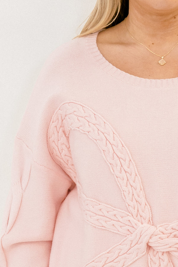 Chic Soul plus size clothing, long sleeve pink sweater with texttured bow design in the front