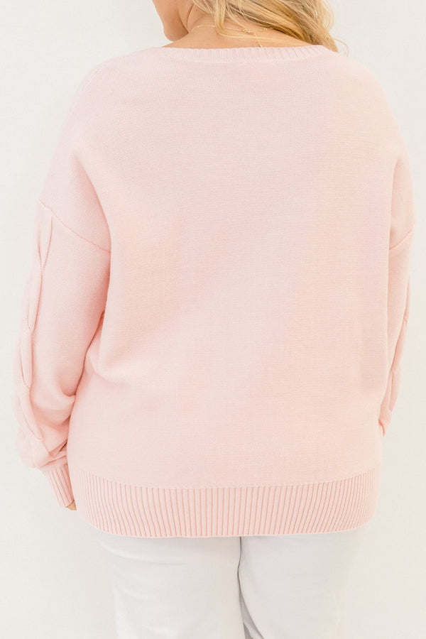 Chic Soul plus size clothing, long sleeve pink sweater with texttured bow design in the front