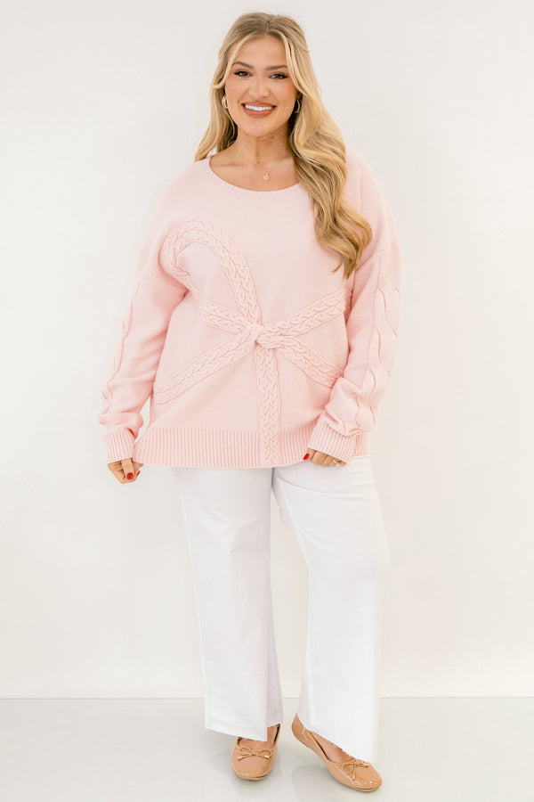 Chic Soul plus size clothing, long sleeve pink sweater with texttured bow design in the front