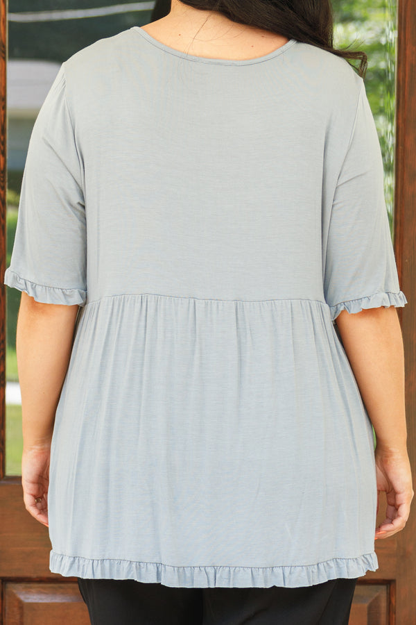 Chic Soul plus size clothing, grey/mint colored babydoll top with micro ruffle detailing