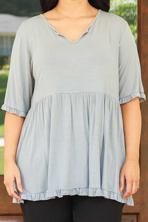 Chic Soul plus size clothing, grey/mint colored babydoll top with micro ruffle detailing