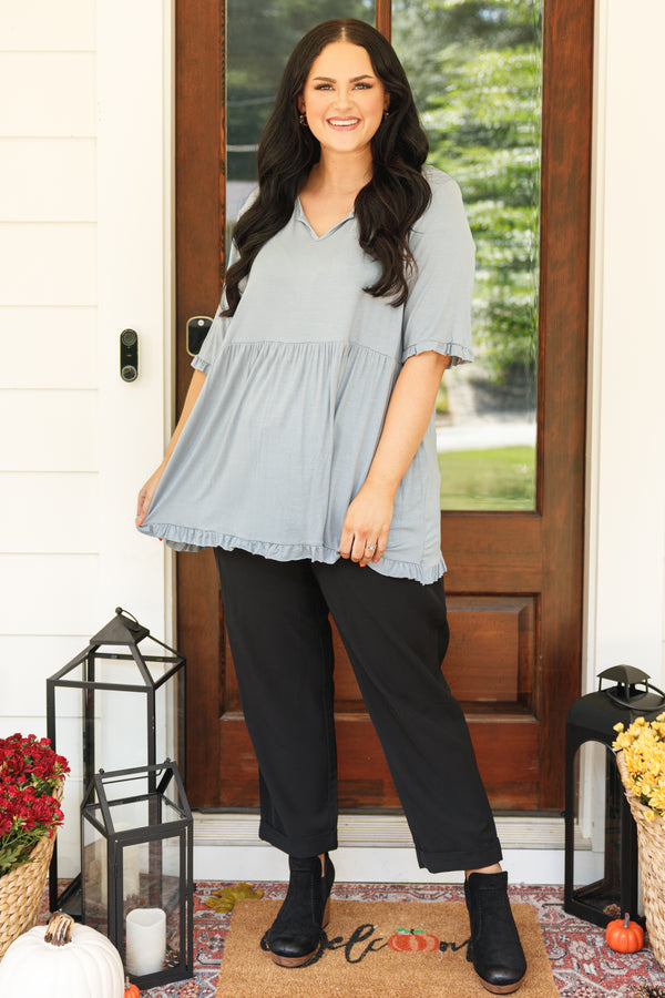 Chic Soul plus size clothing, grey/mint colored babydoll top with micro ruffle detailing