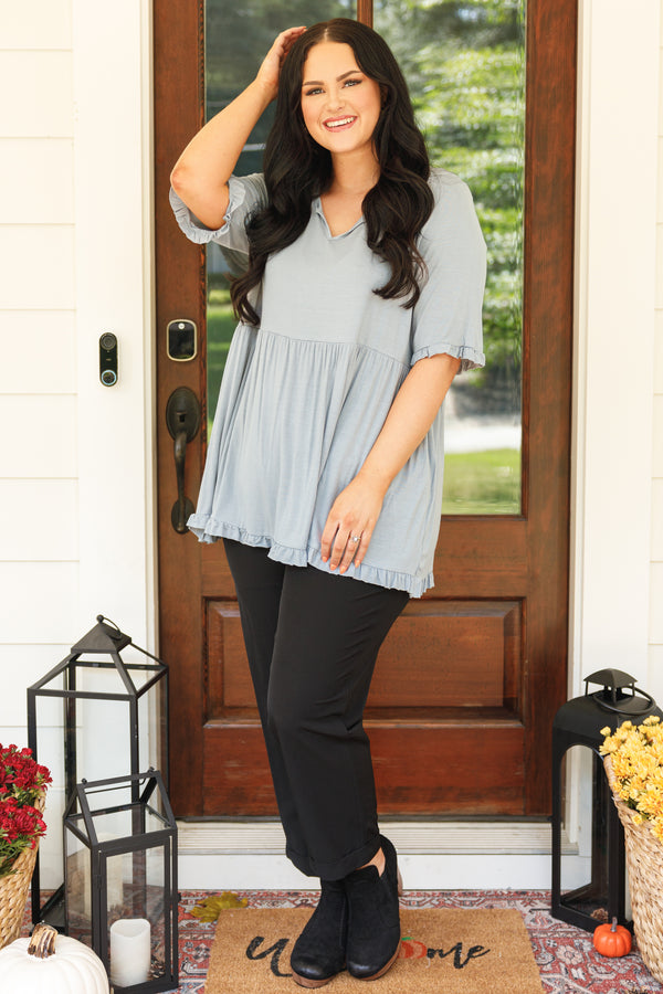 Chic Soul plus size clothing, grey/mint colored babydoll top with micro ruffle detailing
