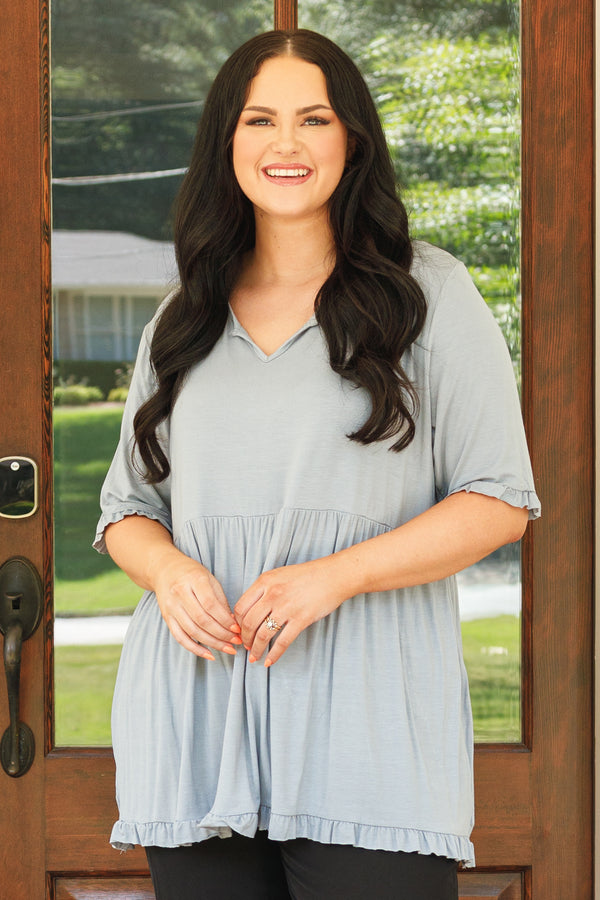 Chic Soul plus size clothing, grey/mint colored babydoll top with micro ruffle detailing