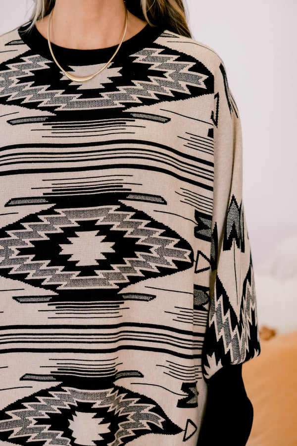 Chic Soul plus size clothing, cream and black Aztec print sweater 