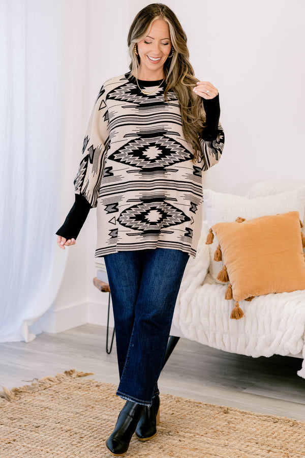 Chic Soul plus size clothing, cream and black Aztec print sweater 