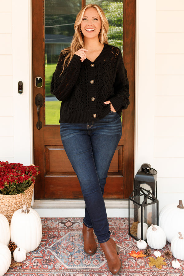 Chic Soul plus size clothing, black long sleeves cable knit button down cardigan