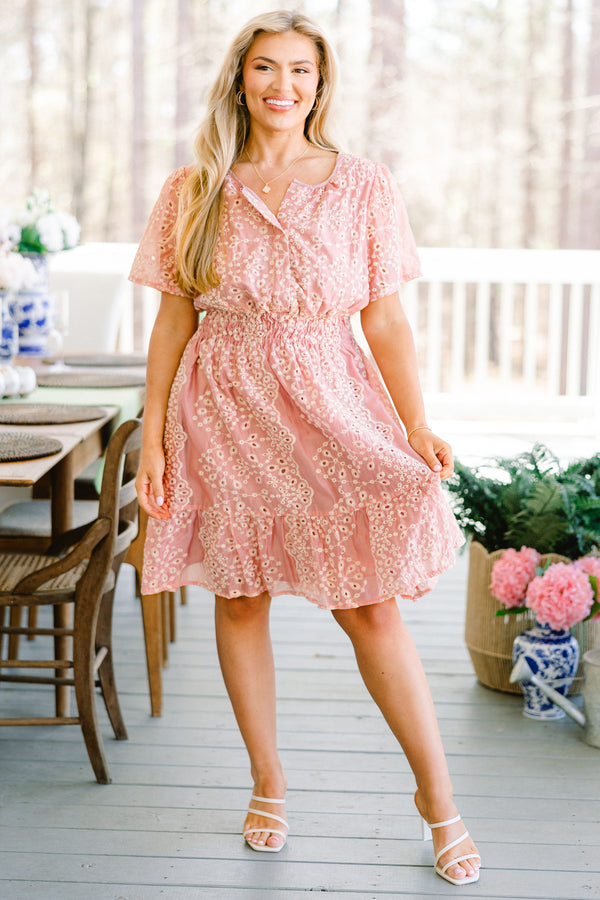 Chic Soul plus size clothing, short-sleeve pink ruffled dress with a smocked waistline and a button-down-neckline with an off-white eyelet pattern