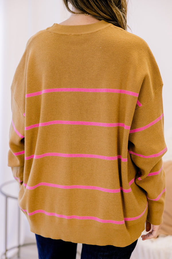 Chic Soul plus size clothing, brown long sleeve knit sweater with thin horizontal pink stripes