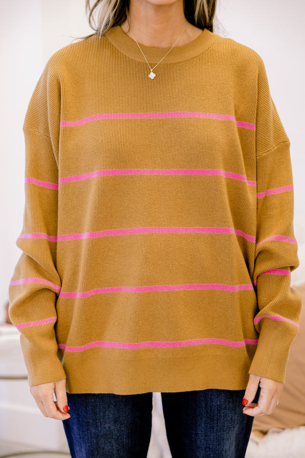 Chic Soul plus size clothing, brown long sleeve knit sweater with thin horizontal pink stripes