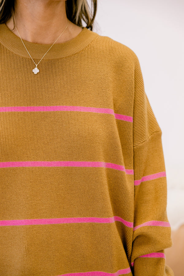 Chic Soul plus size clothing, brown long sleeve knit sweater with thin horizontal pink stripes