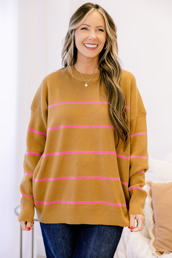 Chic Soul plus size clothing, brown long sleeve knit sweater with thin horizontal pink stripes