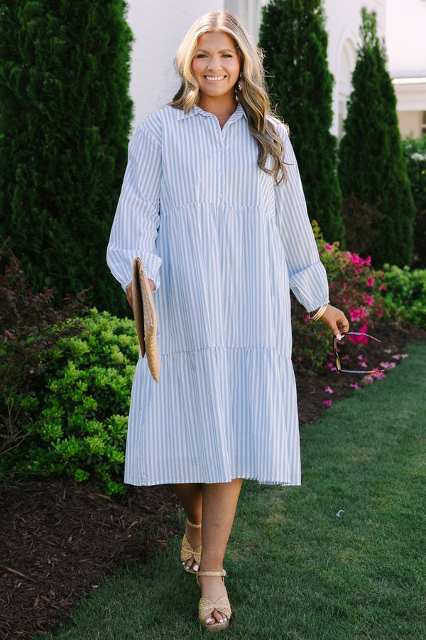 Chic soul plus size clothing, blue and white vertical pin stripe long sleeve tiered midi dress with collar and buttons
