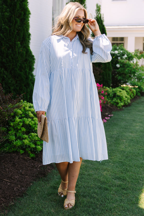 Chic soul plus size clothing, blue and white vertical pin stripe long sleeve tiered midi dress with collar and buttons
